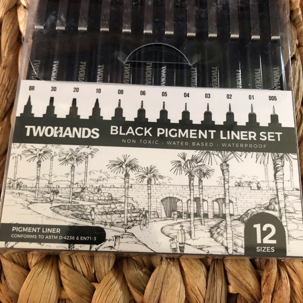 TwoHands Black Pigment Liner pen set non toxic, water based, waterproof set of12